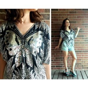 vintage 70s BUTTERFLY SEQUIN silk party statement top cocktail avant garde